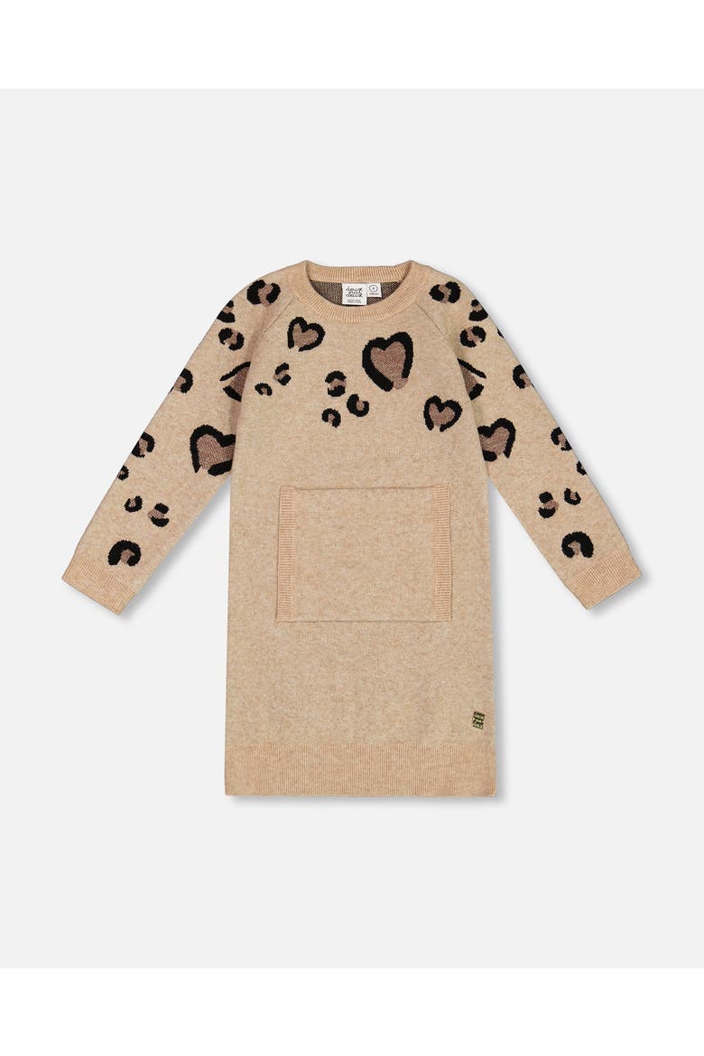 Little Girl's Sweater Dress With Heart Jacquard Beige Mix, Main, color, Off White