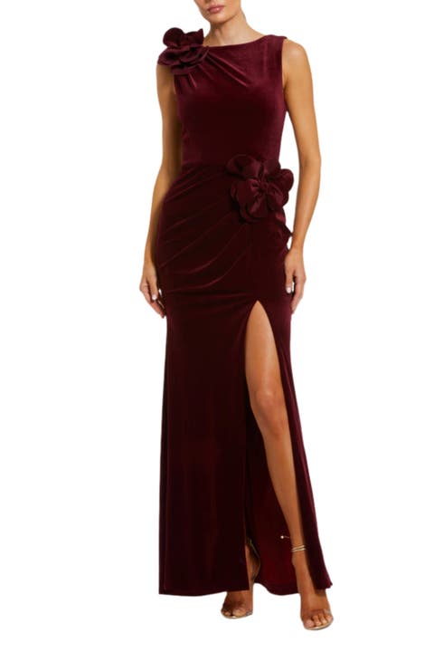 High Neck Velvet Column Dress With 3D Flowers