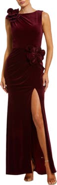 Mac Duggal High Neck Velvet Column Dress With 3D Flowers