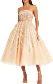 Mac Duggal Embellished Lace Strapless Midi A Line Dress