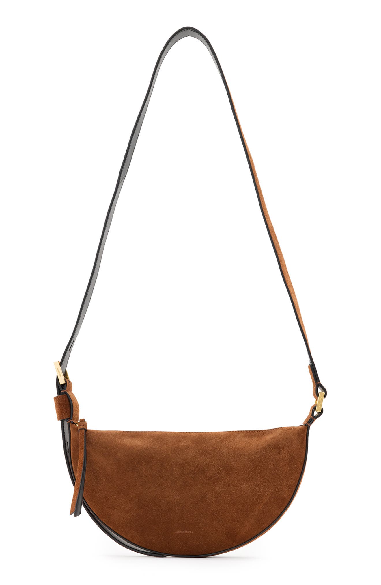 AllSaints Half Moon Suede Crossbody Bag, Main, color, Cognac Brown