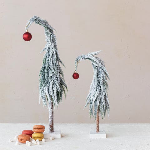 Faux Evergreen Tree with Wood Base and Snow Finish, Green and Red