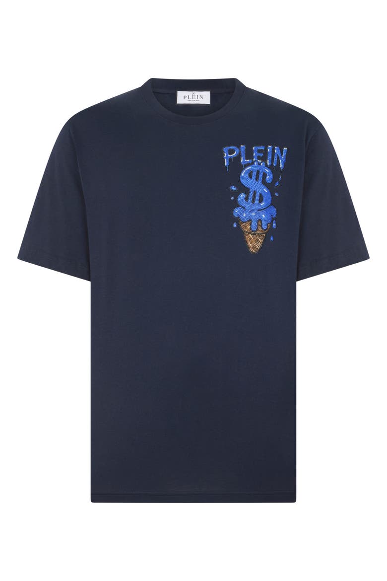 Round Neck T-Shirt Ice Cream Dollar Patch Men, Main, color, navy