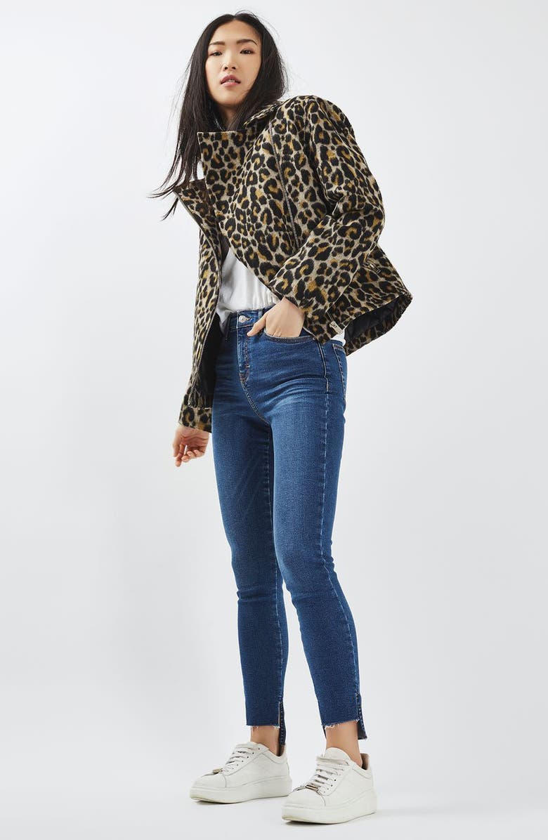 Topshop Leopard Print Biker Jacket, Alternate, color, 
