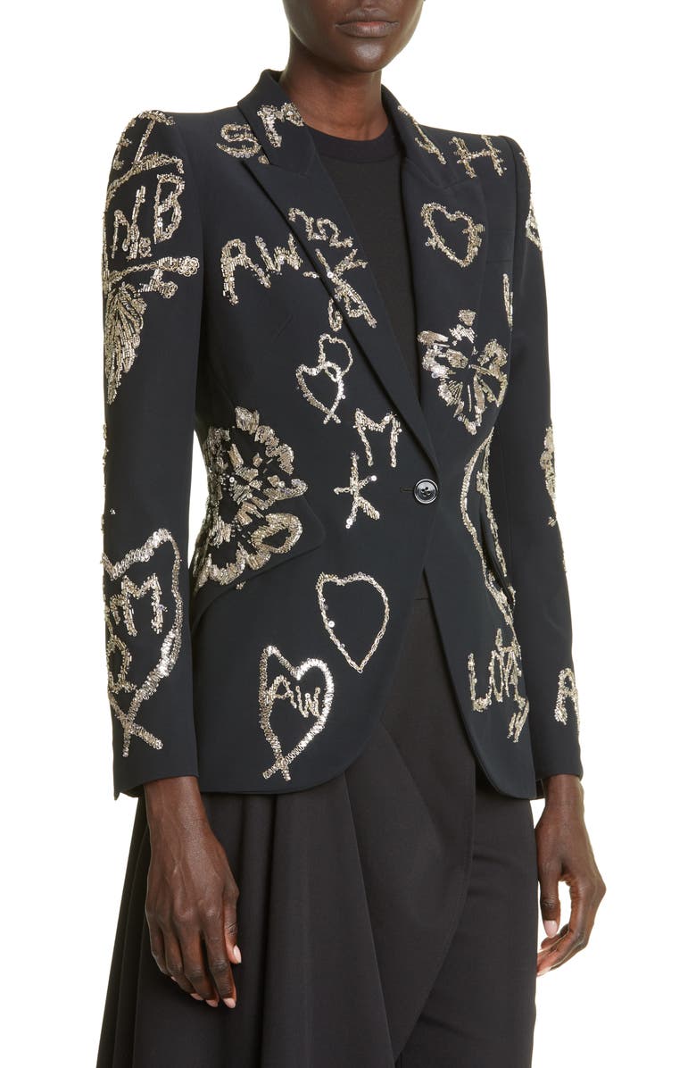 McQueen Embellished Single Breasted Crepe Blazer, Alternate, color,