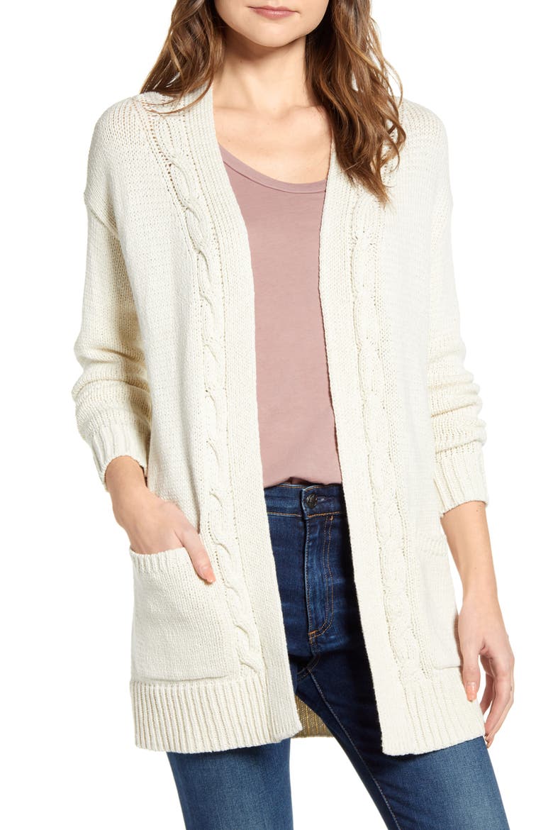 Cable Accent Cotton Blend Cardigan, Main, color, CREAM