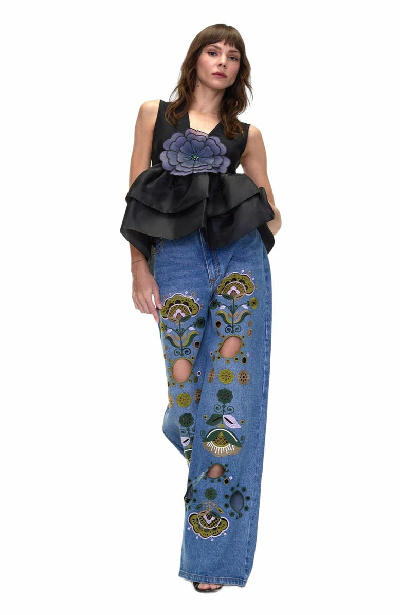 Cynthia Rowley Embroidered Wide-leg Jean, Main, color, Blue_multi