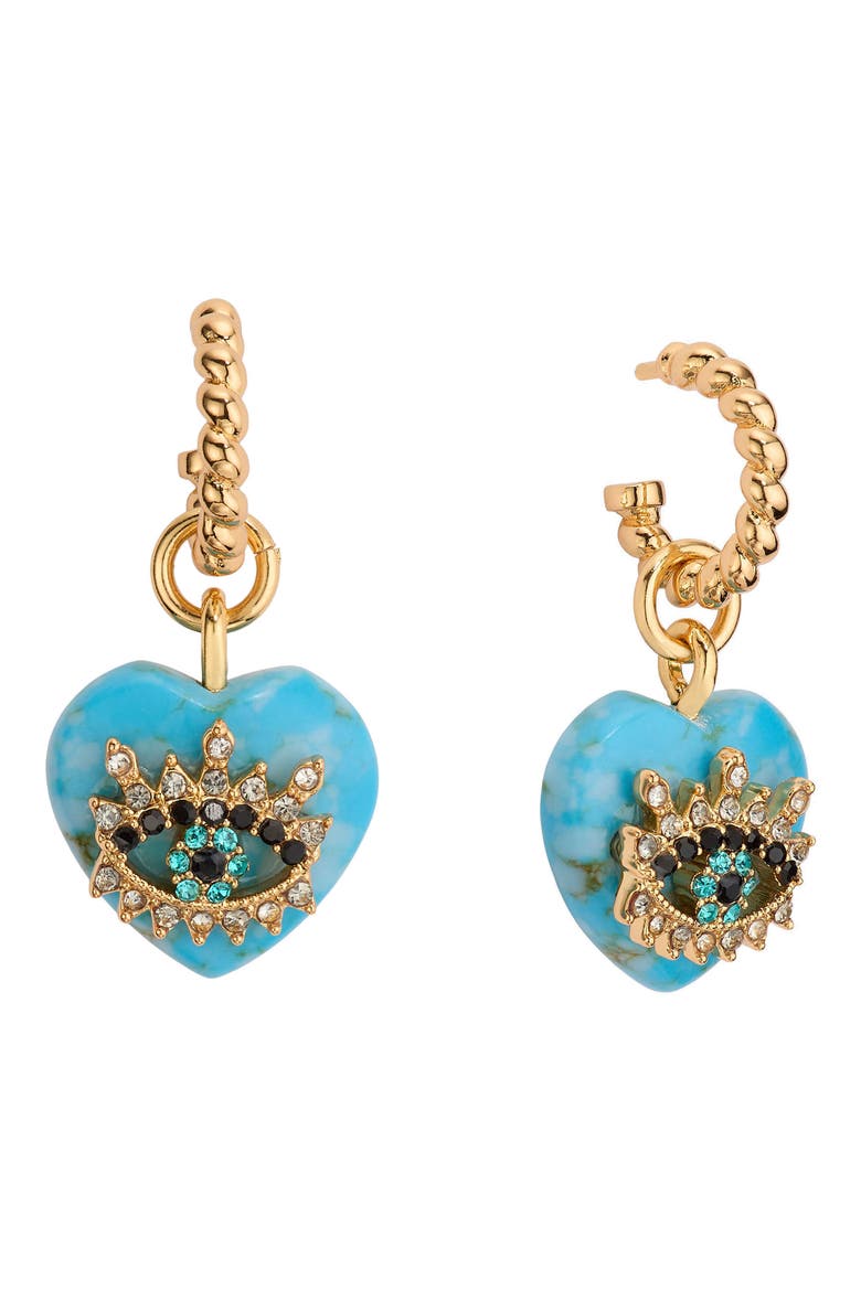 Evil Eye & Heart Drop Hoop Earrings, Main, color, TURQUOISE