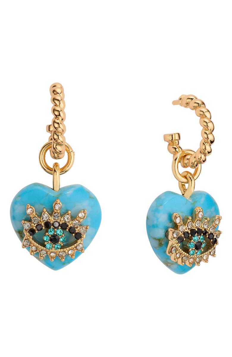 Kurt Geiger London Evil Eye & Heart Drop Hoop Earrings, Main, color, Turquoise