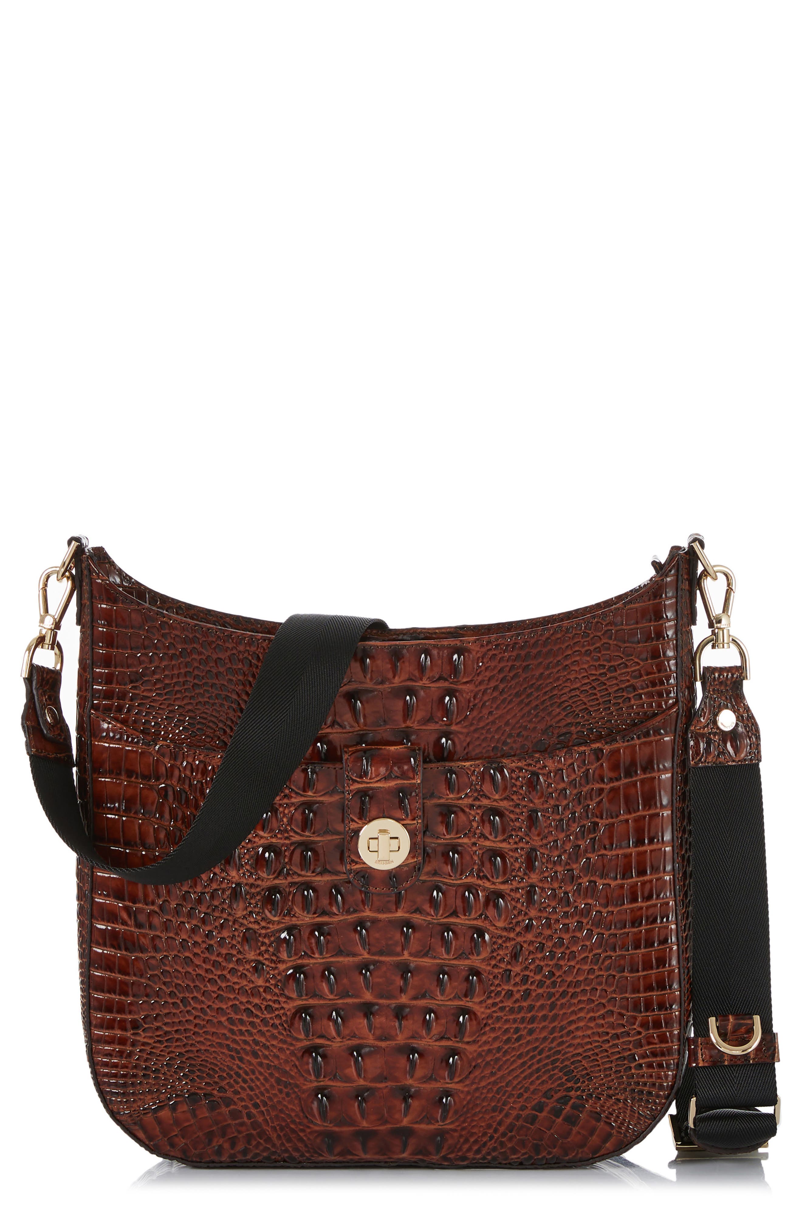 Brahmin Leia Croc Embossed Leather Crossbody Bag, Main, color, Pecan