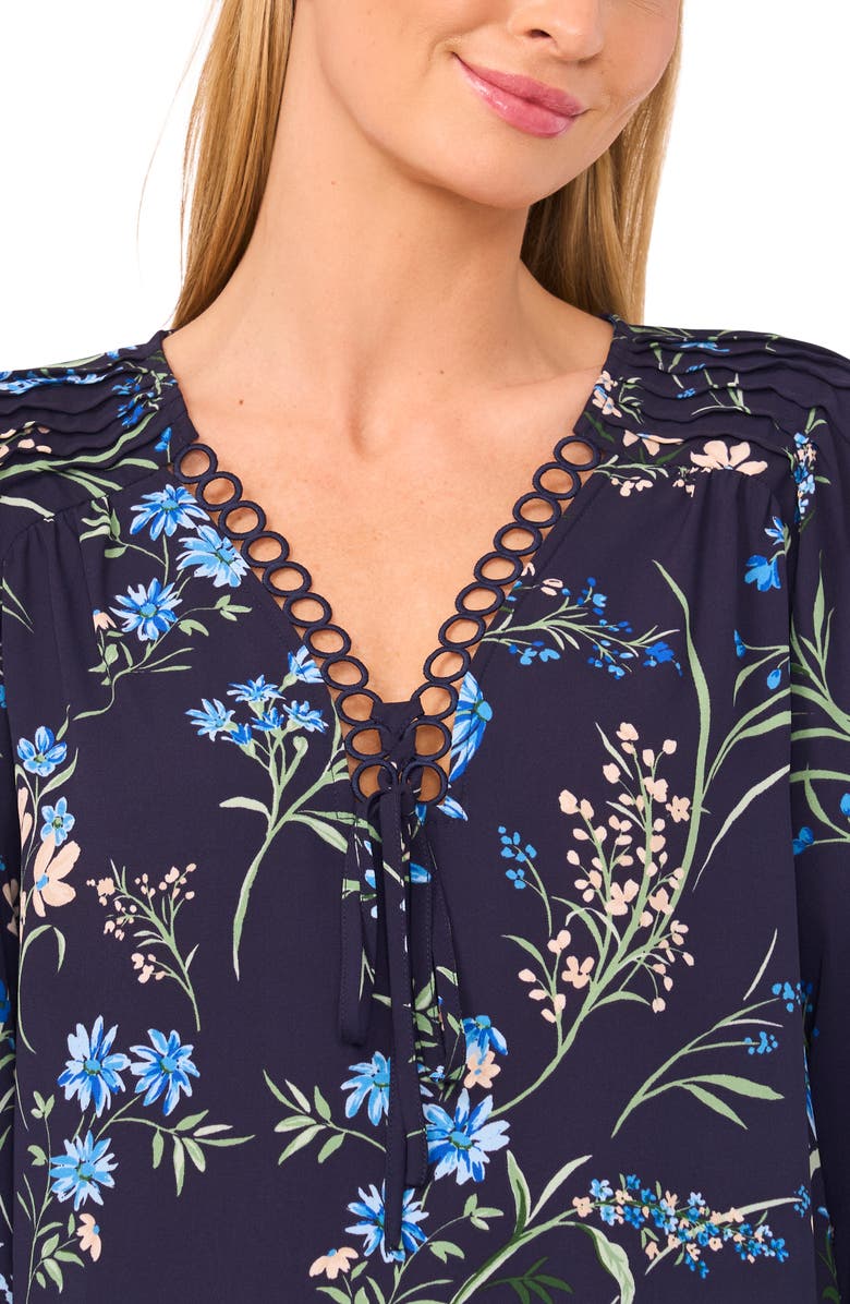 CeCe Floral Print Pintuck Top, Alternate, color, Classic Navy