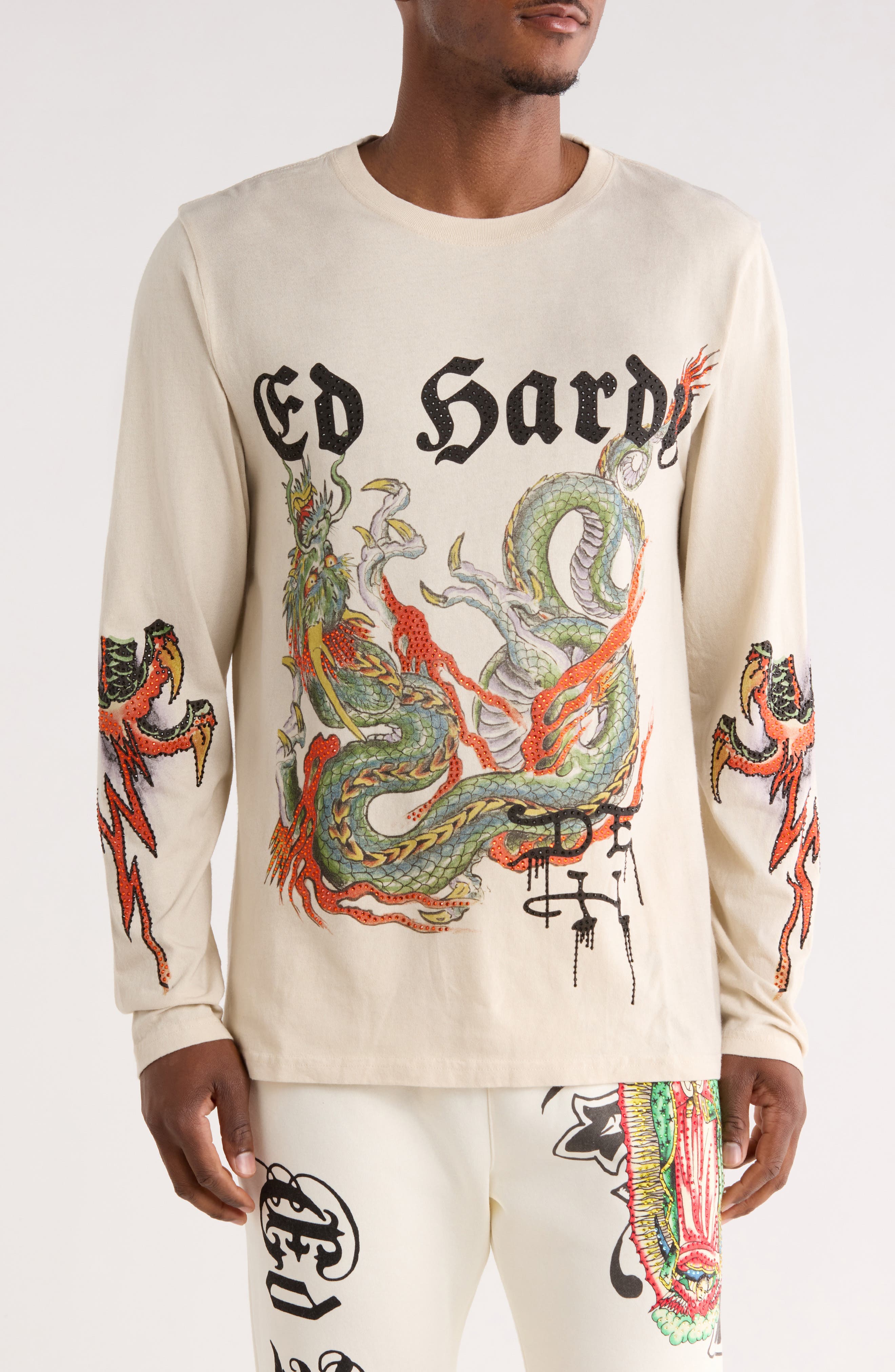 Ed Hardy Rhinestone Dragon Long Sleeve Graphic T-Shirt