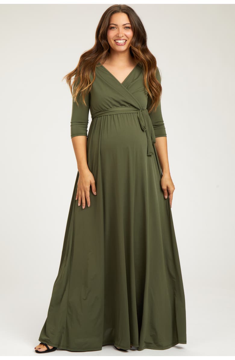 PinkBlush Draped 3/4 Sleeve Maternity Maxi Dress, Alternate, color, Olive Green