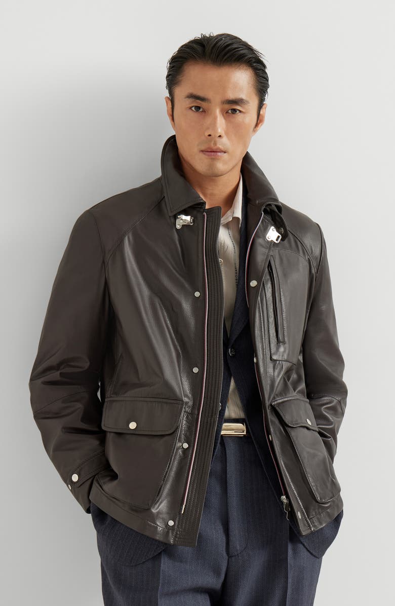 Brunello Cucinelli Calfskin field jacket, Alternate, color, Chocolate