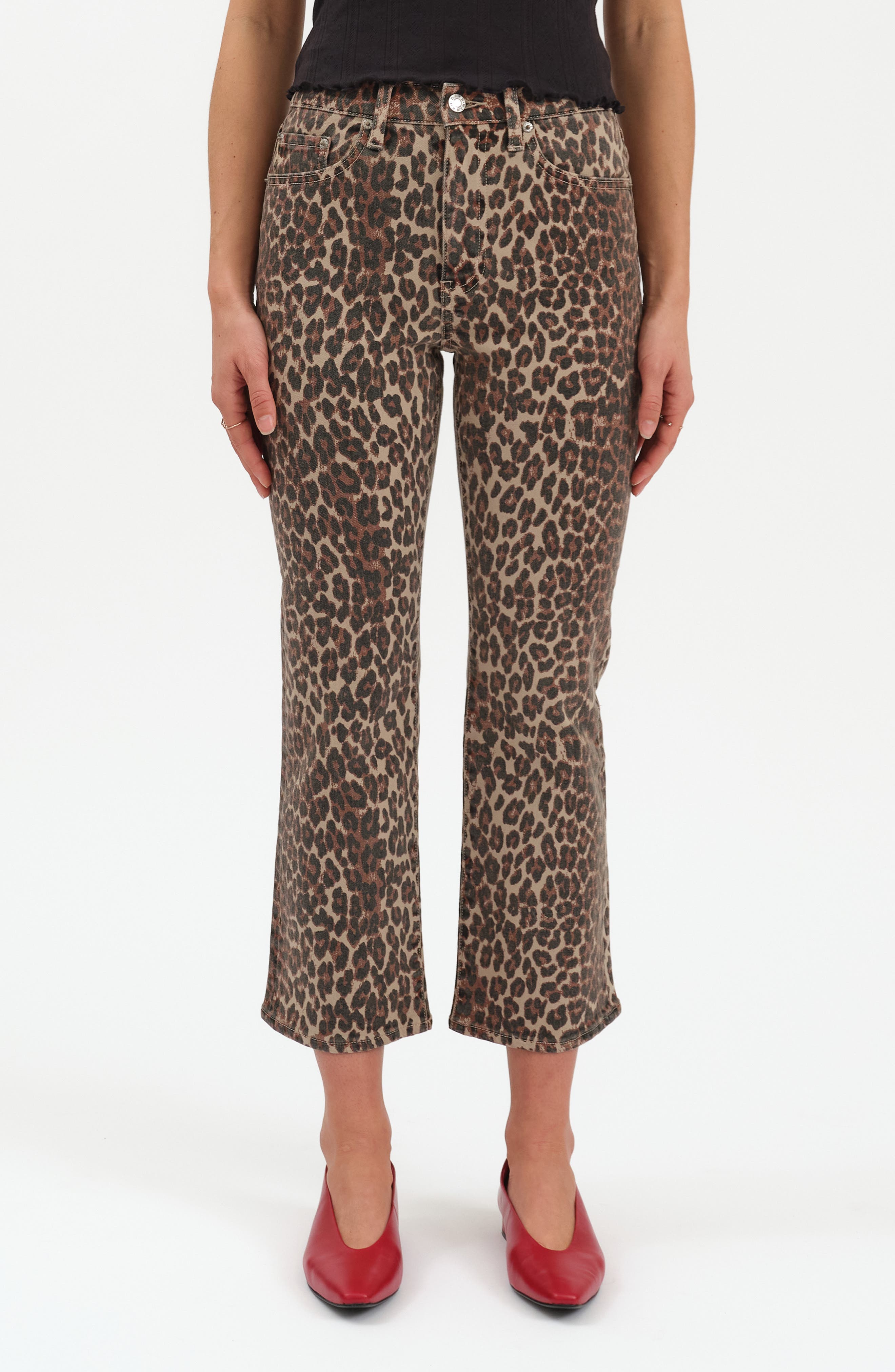 DAZE Shy Leopard Print Kick Flare Jeans in Cool Cat 
