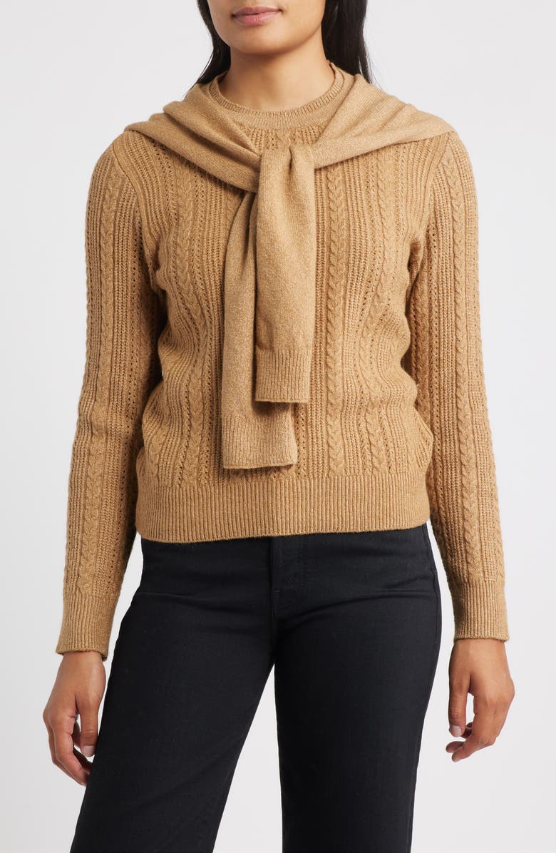 Wit & Wisdom Cable Stitch Twofer Tie Sleeve Sweater, Main, color, Caramel Latte
