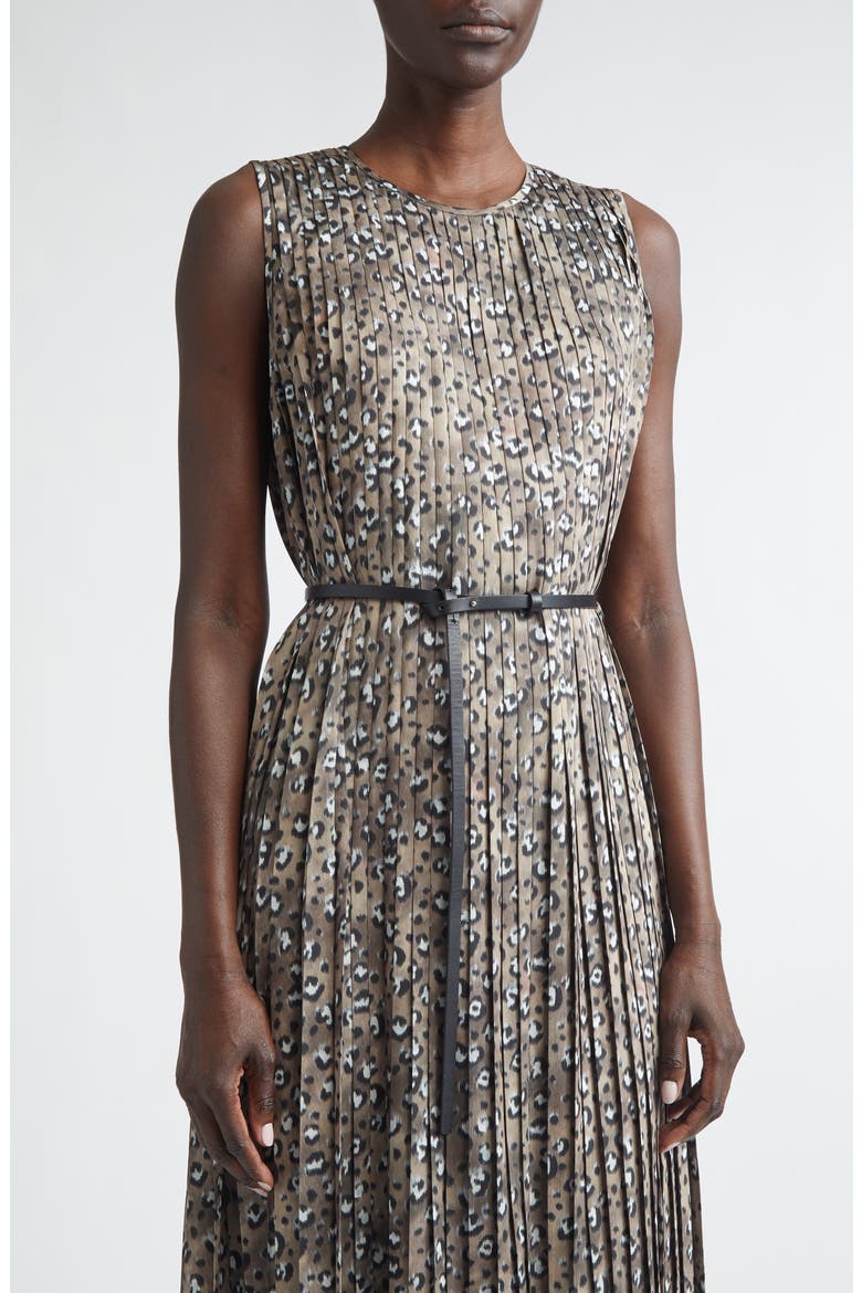 Leopard Print Accordion Pleat Belted Satin A-Line Dress, Alternate, color, BROWNSTONE MULTI