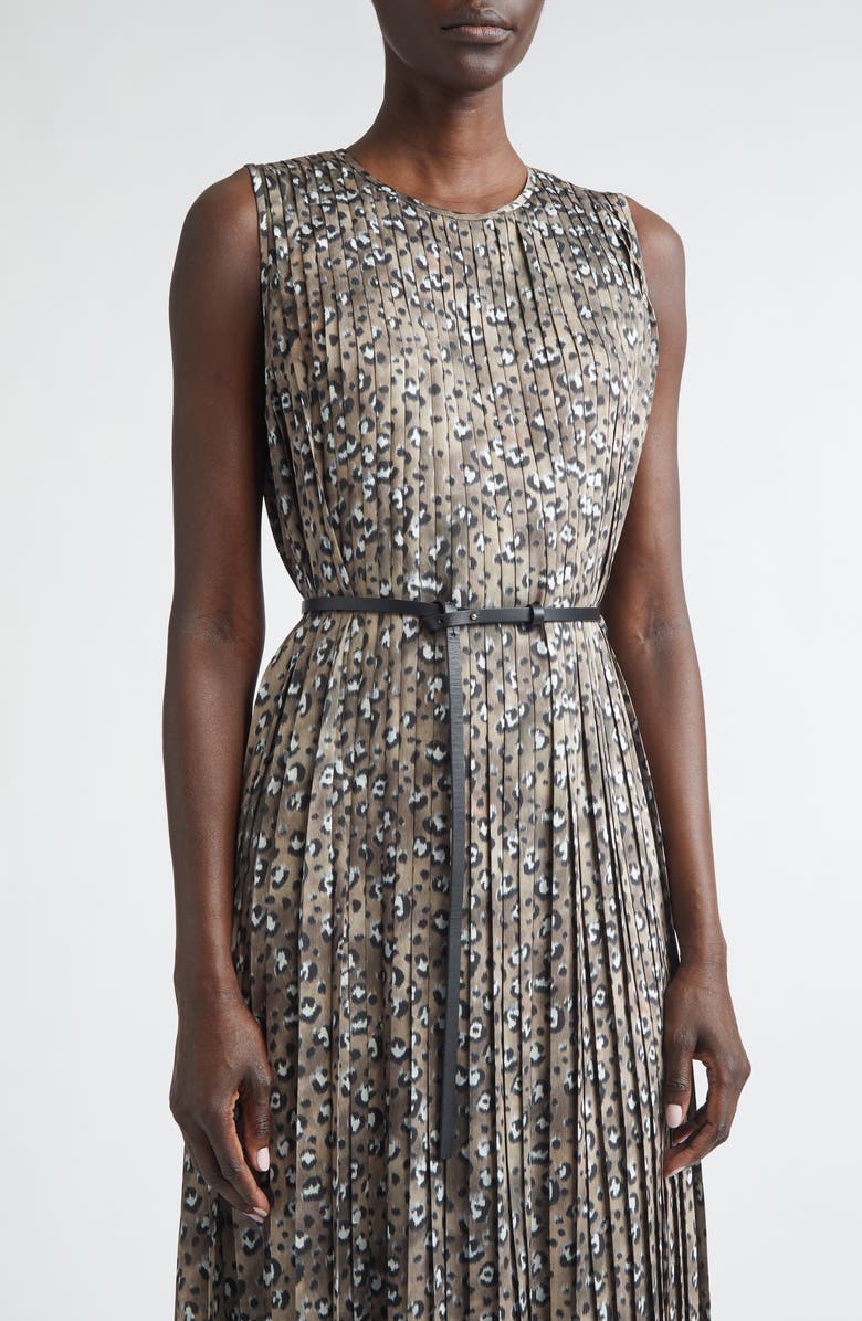 Lafayette 148 New York Leopard Print Accordion Pleat Belted Satin A-Line Dress, Alternate, color, Brownstone Multi