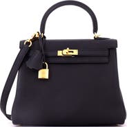 Pre-Owned Hermes Kelly Handbag Black Togo with Gold Hardware 25