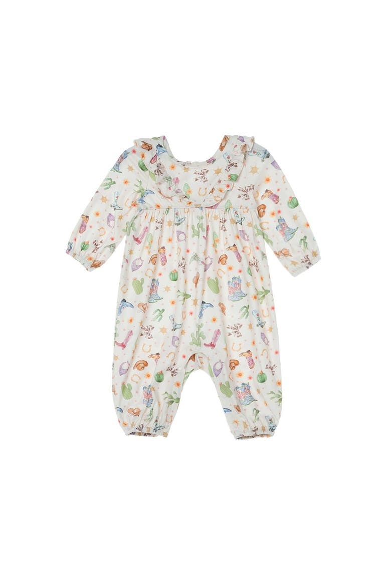 Cactus Kisses Long Sleeve Print Ruffle Neck Bubble Romper, Alternate, color, Blue
