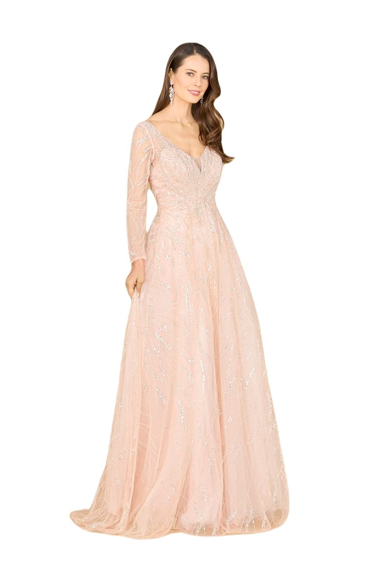 LARA New York Long Sleeve Beaded Lace Gown, Main, color, Powderpink