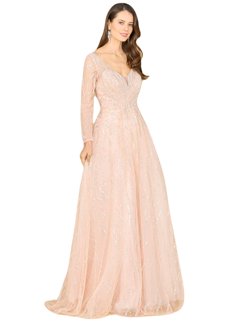 Long Sleeve Beaded Lace Gown