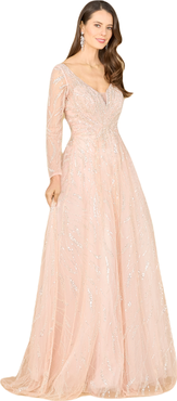 LARA New York Long Sleeve Beaded Lace Gown