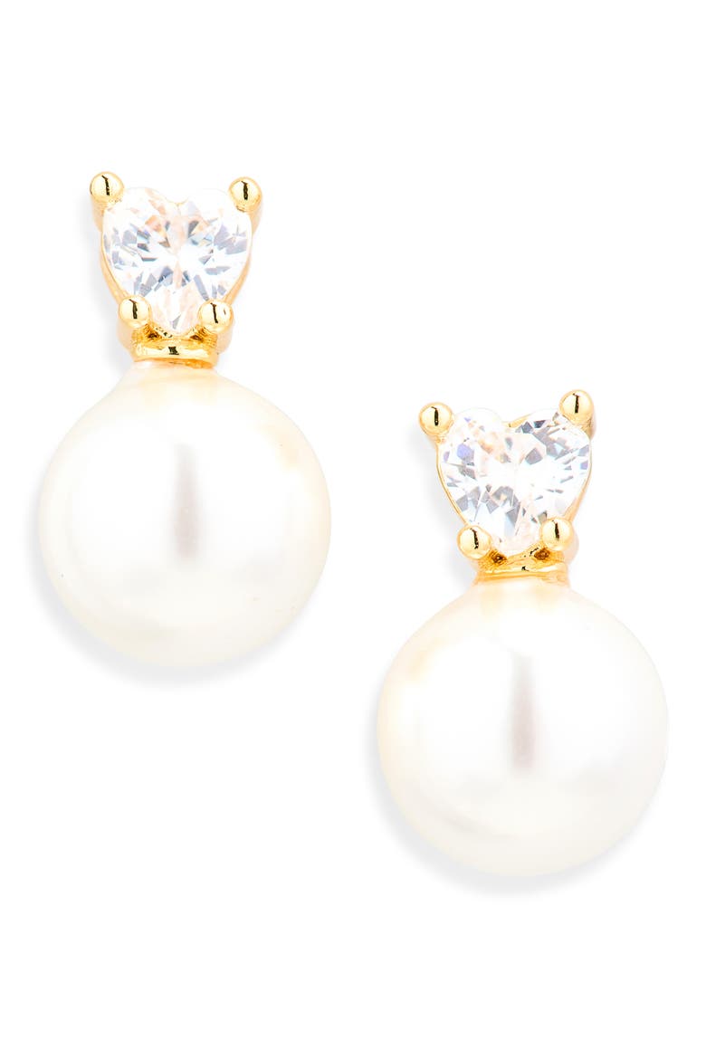 Addison Heart Cubic Zirconia & Imitation Pearl Stud Earrings, Main, color, GOLD