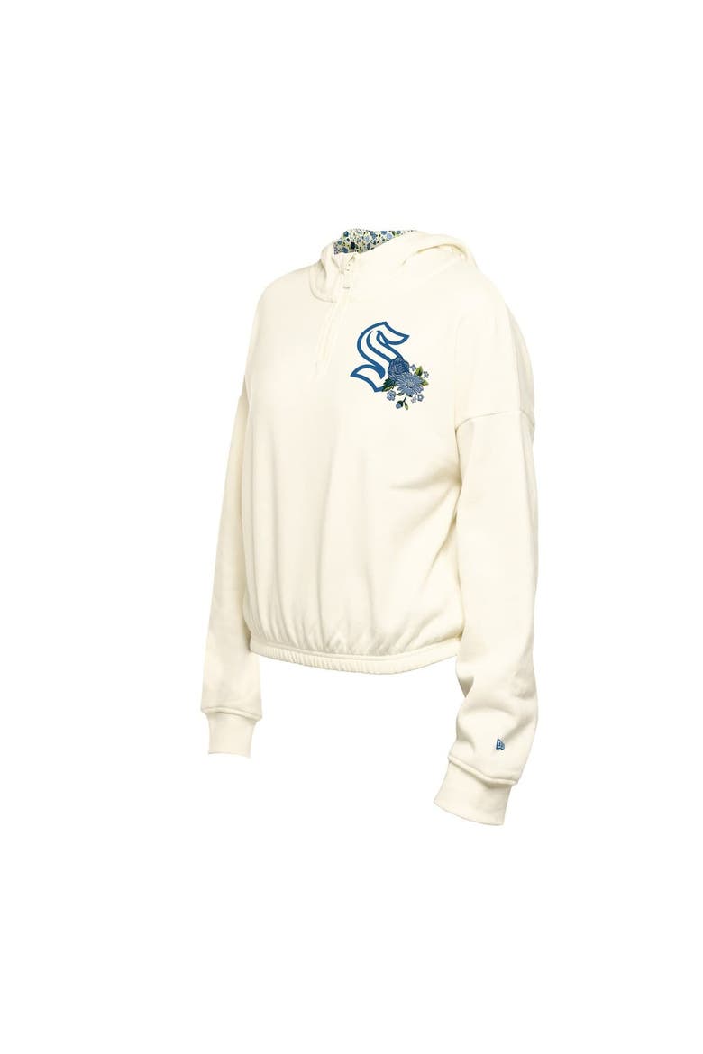 Women's New Era Cream Seattle Kraken Glam Game Quarter-Zip Cropped Floral Hoodie Pullover, Alternate, color, Cream
