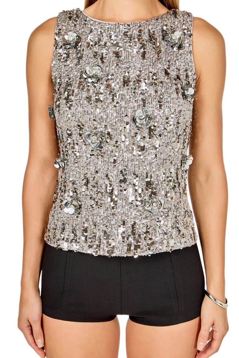 Floral Appliqué Sequin Top, Alternate, color, SILVER/CHARCOAL