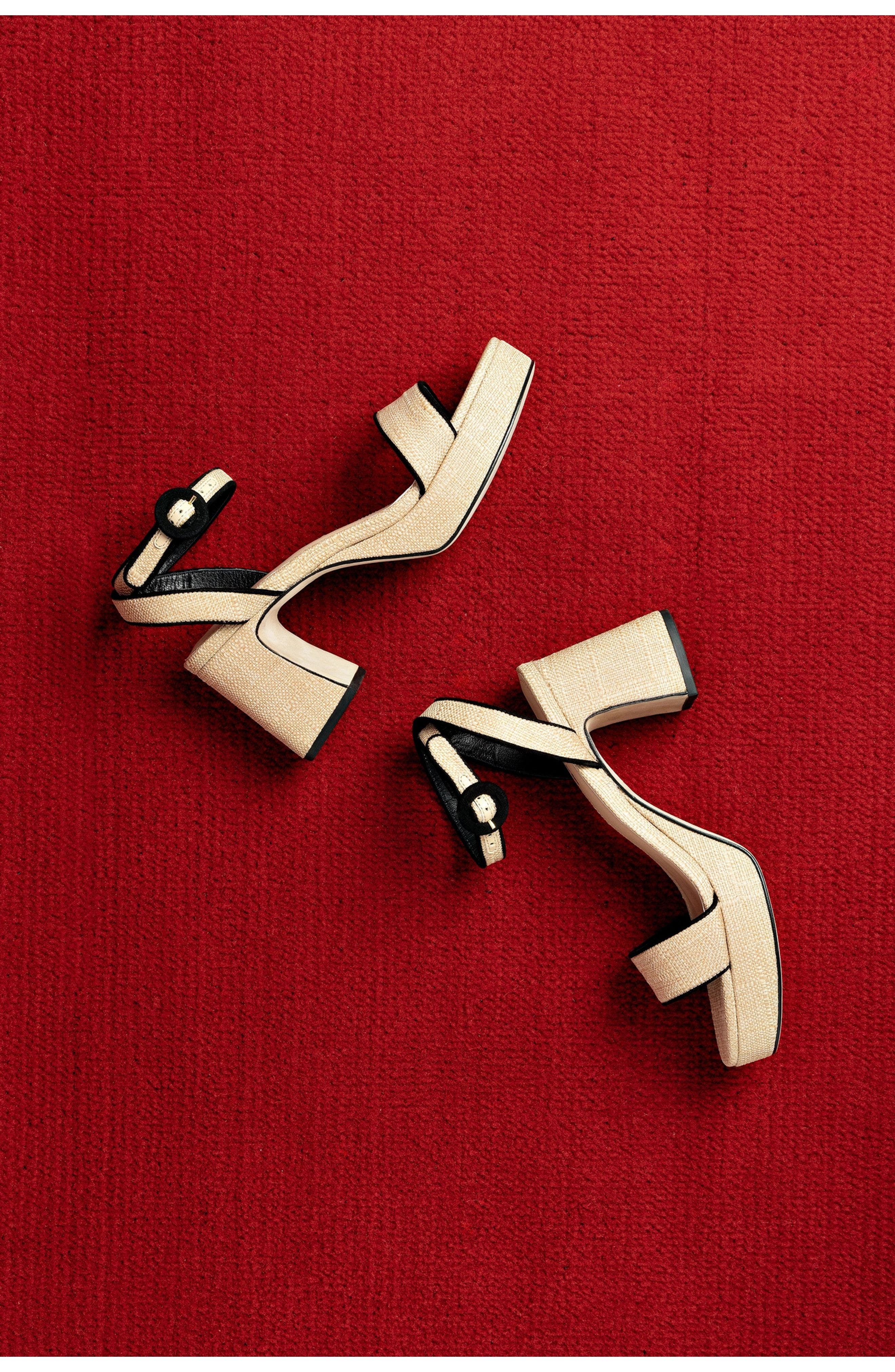 Larroudé Dolly Low Sandal In Beige Raffia and Black Trimming, Alternate, color, Beige