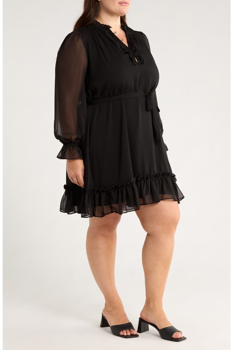 Ruffle Tie Waist Long Sleeve Dress, Alternate, color, RICH BLACK
