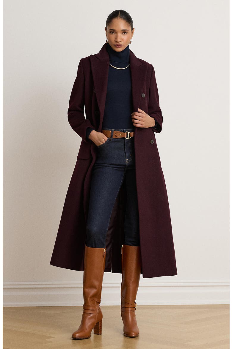 Double Breasted Longline Wool Blend Coat, Alternate, color, PINOT NOIR