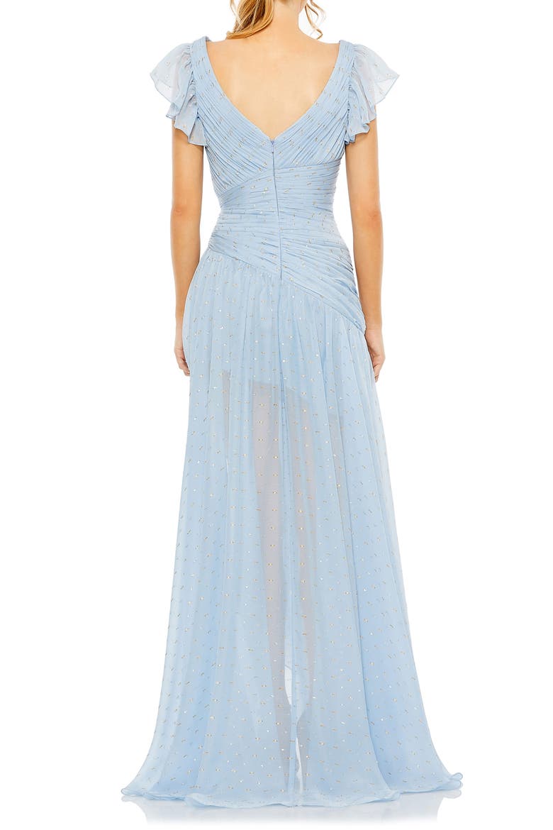 Printed Short Flutter Sleeve Asymmetrical Ruched Hem Gown, Alternate, color, ICE BLUE