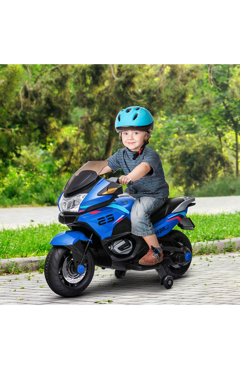 Aosom Kids Motorcycle with Training Wheels, Roaring Engine Design, High-Traction, Light Music, Alternate, color, Blue