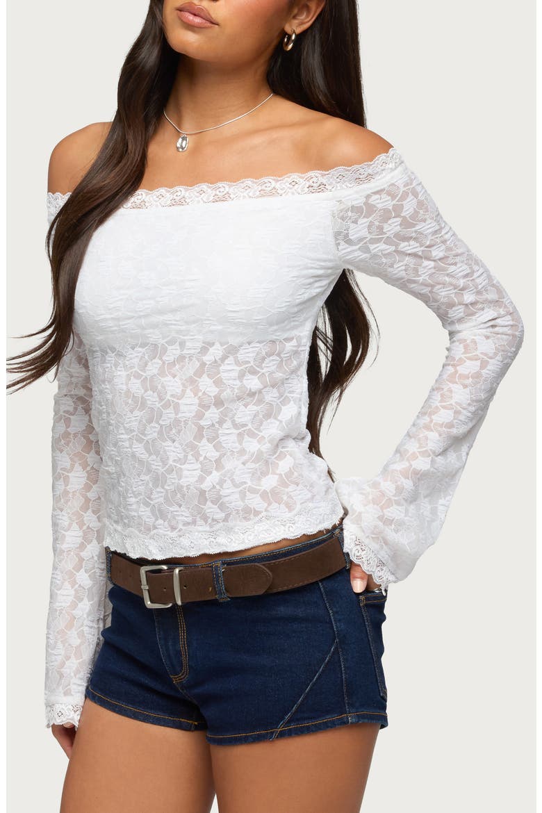 Off the Shoulder Sheer Lace Top, Alternate, color, WHITE
