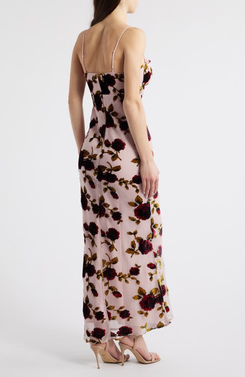 Shop Rare London Ruched Floral Devoré Slipdress In Pink Rose Print Devore