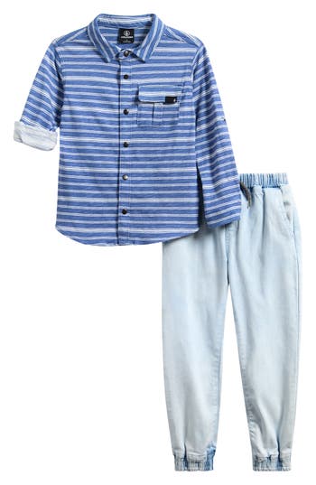 Volcom Kids' Button-up Shirt & Denim Joggers Set In Blue