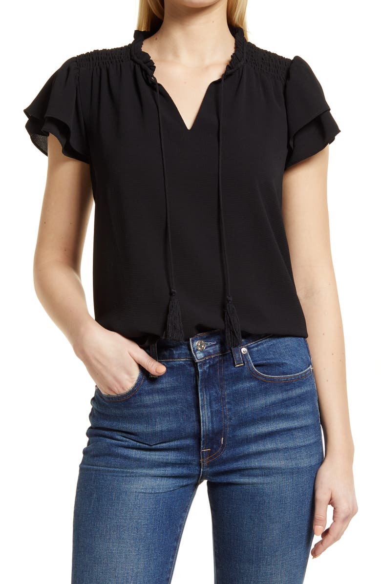 CeCe Flutter Sleeve Tie Neck Blouse, Main, color, 