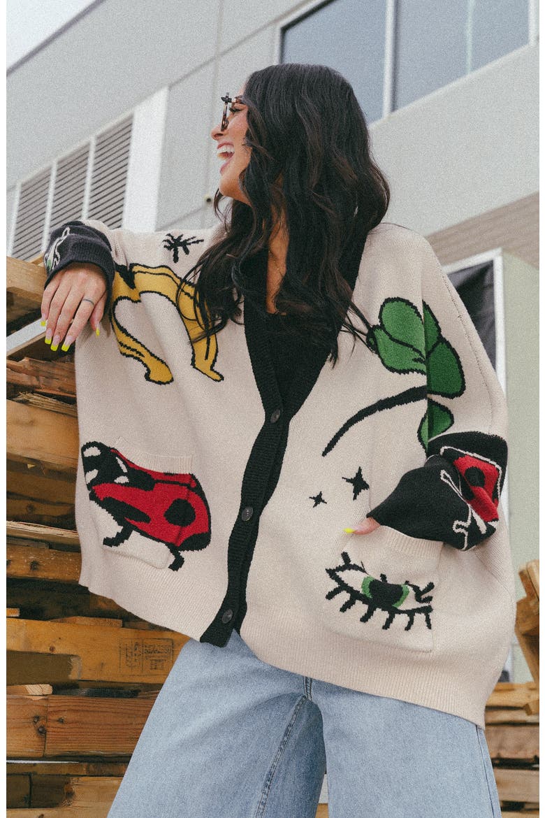 Lucky Clover Oversize Cardigan, Alternate, color, BEIGE/ BLACK