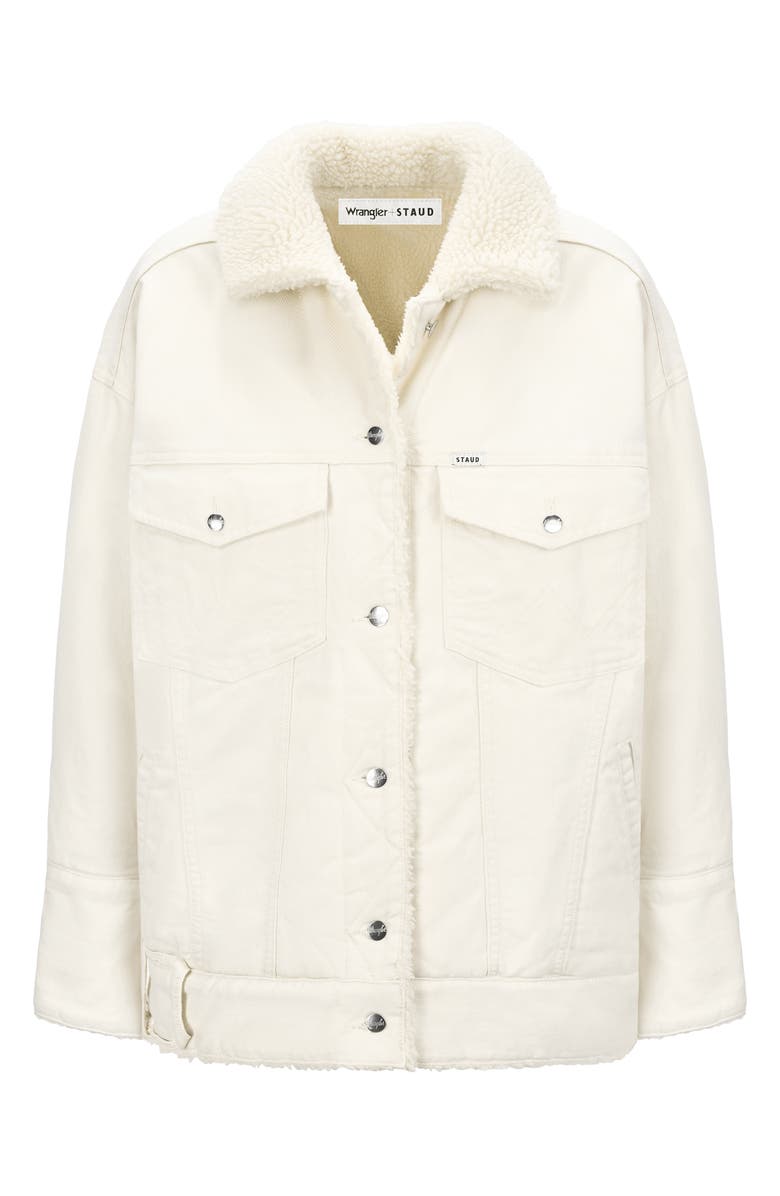 STAUD + Wrangler Faux Shearling & Denim Trucker Jacket, Alternate, color, Cream