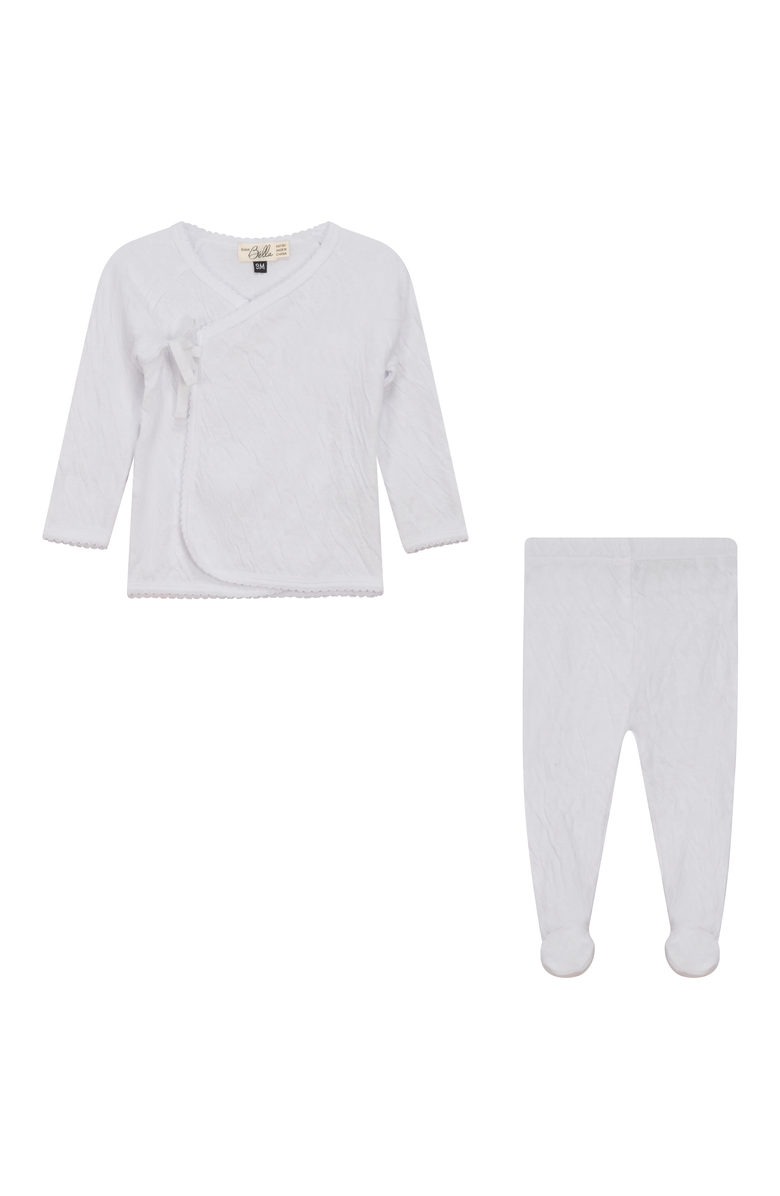 Bebe Bella Crinkled Jersey Wrap 2 Piece Long Sleeve Top and Pants Set, Main, color, White