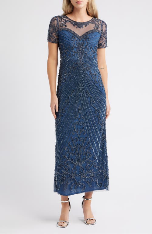Pisarro Nights Illusion Beaded Mesh Column Gown In Blue