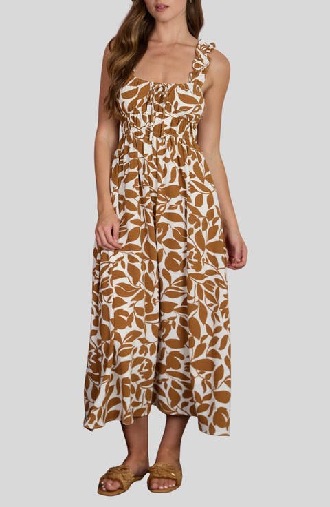 Leaf Print Ruffle Strap Empire Waist Midi Dress