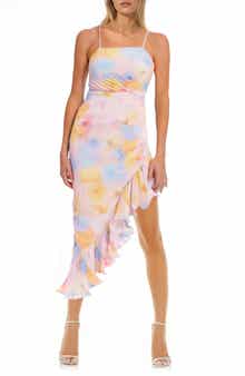 Jewel Badgley Mischka Abstract Floral Pleated Asymmetric Hem Dress