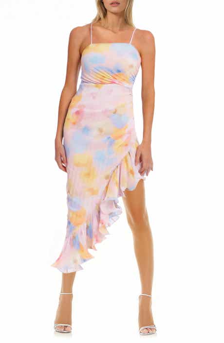 Jewel Badgley Mischka Abstract Floral Pleated Asymmetric Hem Dress