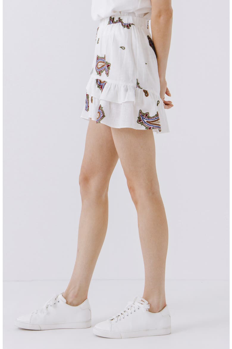 Paisley Embroidery Tiered Ruffle Cotton Miniskirt, Alternate, color, WHITE
