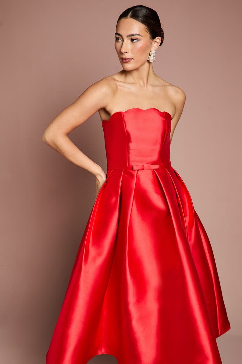 Scalloped Strapless Midi Dress, Alternate, color, Red