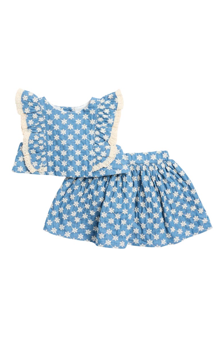 Embroidered Chambray Ruffle Top & Skirt Set, Main, color, BLUE