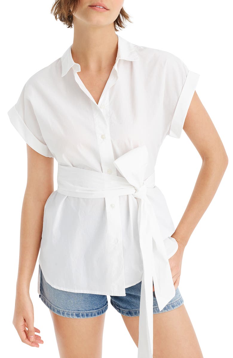 J.Crew Button Front Tie Waist Cotton Poplin Top, Main, color, 